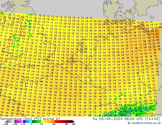 Temperatura (2m) Arome 01 Dom 26.05.2024 06 UTC