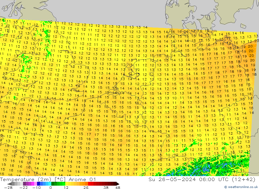 Sıcaklık Haritası (2m) Arome 01 Paz 26.05.2024 06 UTC