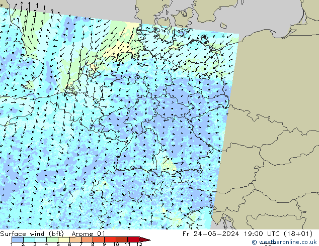 Wind 10 m (bft) Arome 01 vr 24.05.2024 19 UTC