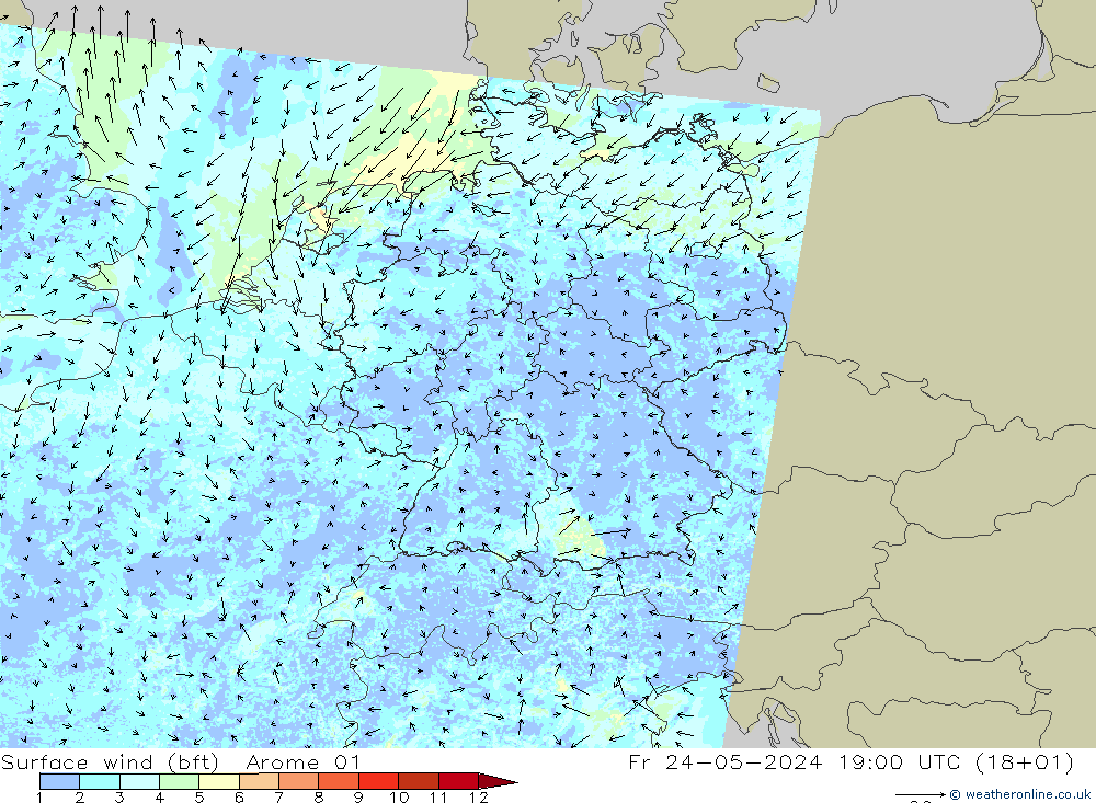 Surface wind (bft) Arome 01 Fr 24.05.2024 19 UTC