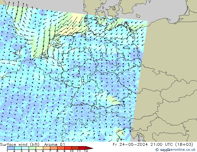 Wind 10 m (bft) Arome 01 vr 24.05.2024 21 UTC