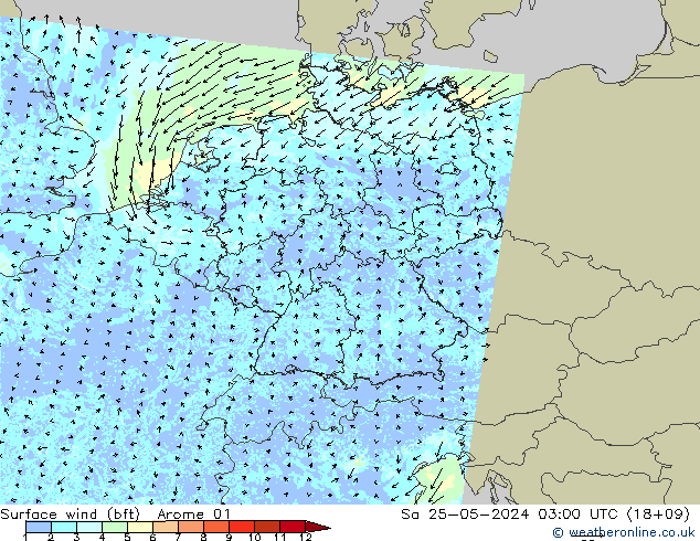 Bodenwind (bft) Arome 01 Sa 25.05.2024 03 UTC