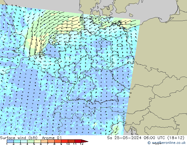 Vento 10 m (bft) Arome 01 sab 25.05.2024 06 UTC