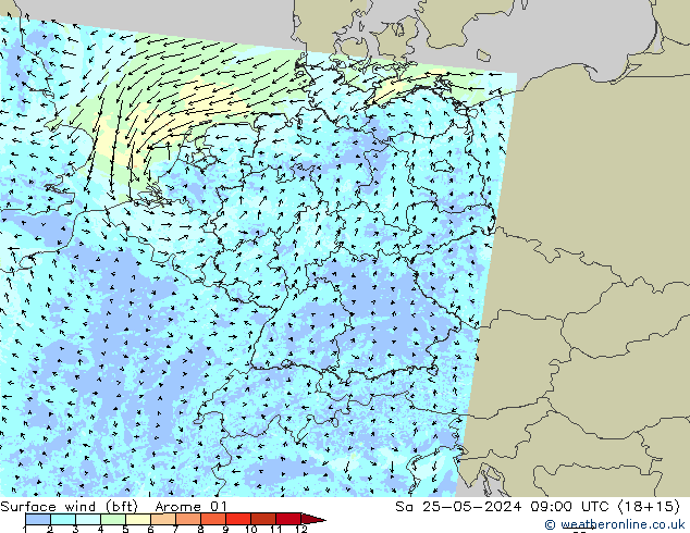 Surface wind (bft) Arome 01 So 25.05.2024 09 UTC