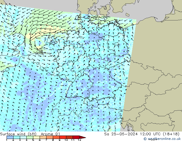 Rüzgar 10 m (bft) Arome 01 Cts 25.05.2024 12 UTC