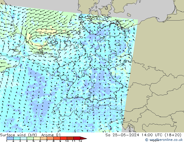 Bodenwind (bft) Arome 01 Sa 25.05.2024 14 UTC