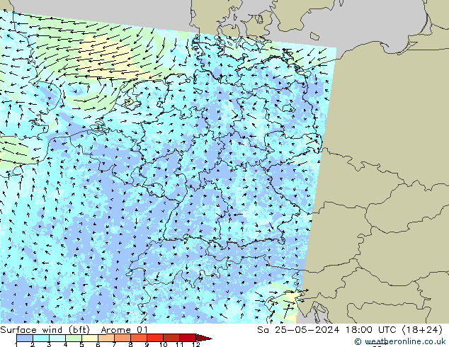Rüzgar 10 m (bft) Arome 01 Cts 25.05.2024 18 UTC