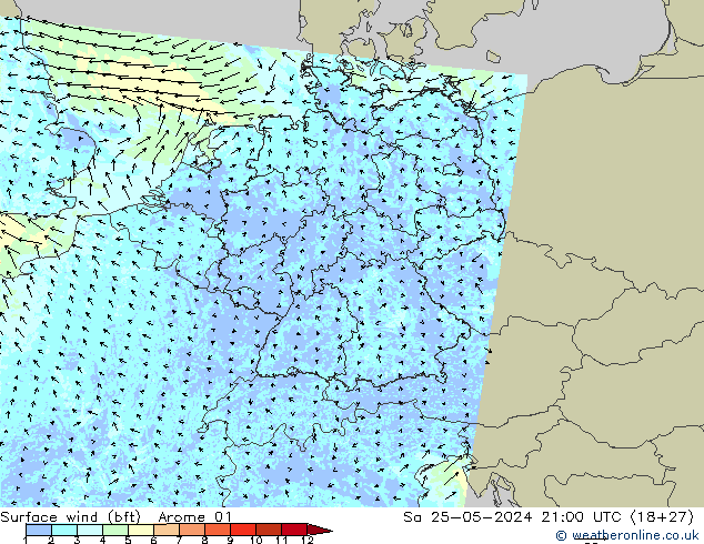 Vento 10 m (bft) Arome 01 sab 25.05.2024 21 UTC