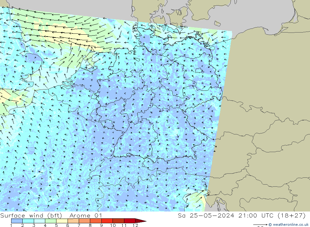 Surface wind (bft) Arome 01 Sa 25.05.2024 21 UTC