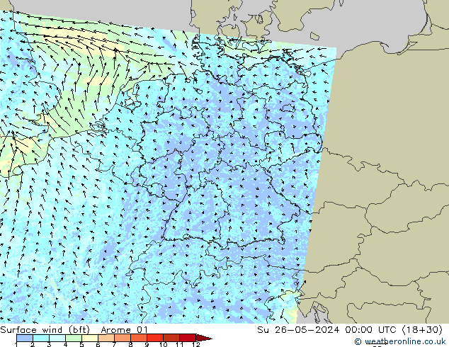 wiatr 10 m (bft) Arome 01 nie. 26.05.2024 00 UTC