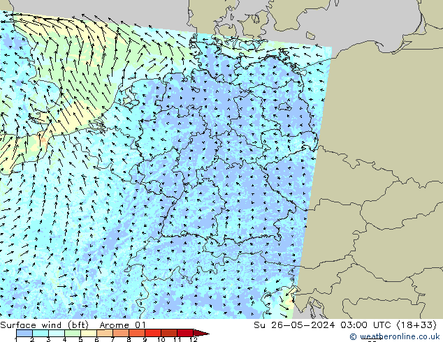 Rüzgar 10 m (bft) Arome 01 Paz 26.05.2024 03 UTC