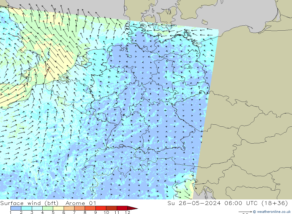 Wind 10 m (bft) Arome 01 zo 26.05.2024 06 UTC