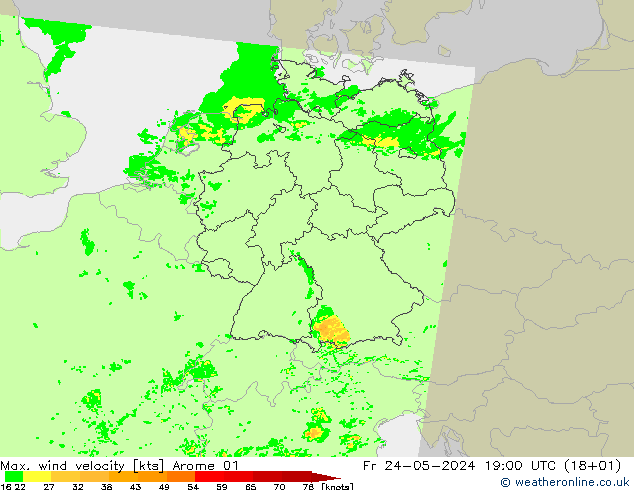 Max. wind velocity Arome 01 ven 24.05.2024 19 UTC