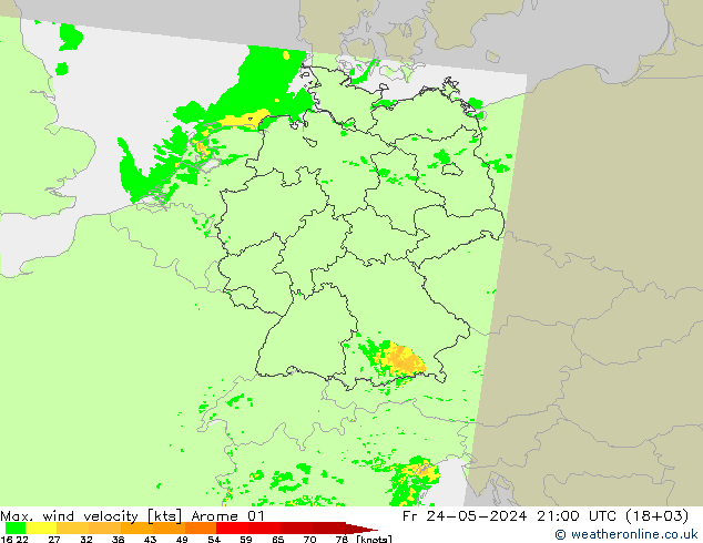 Max. wind velocity Arome 01 Fr 24.05.2024 21 UTC