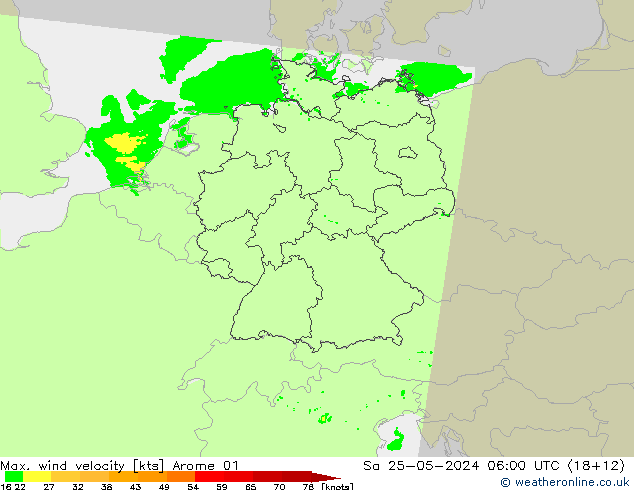 Max. wind velocity Arome 01 so. 25.05.2024 06 UTC