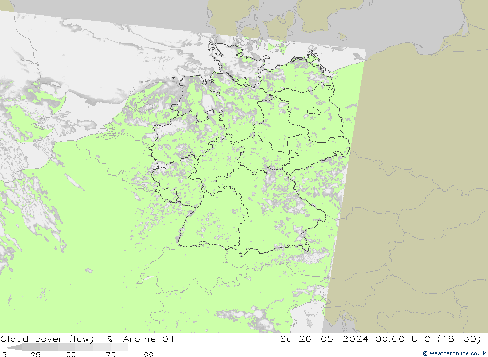 Cloud cover (low) Arome 01 Su 26.05.2024 00 UTC