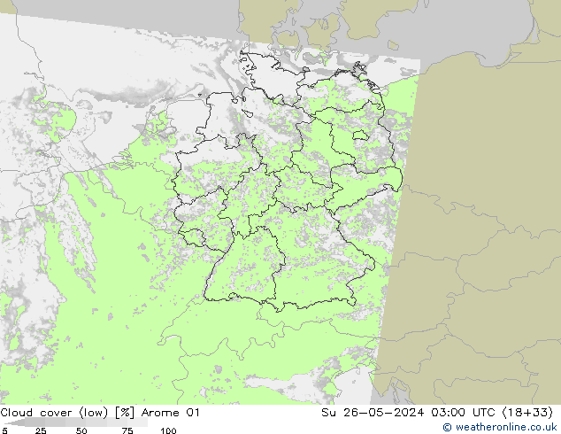 Cloud cover (low) Arome 01 Su 26.05.2024 03 UTC