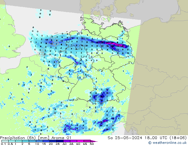 Precipitación (6h) Arome 01 sáb 25.05.2024 00 UTC