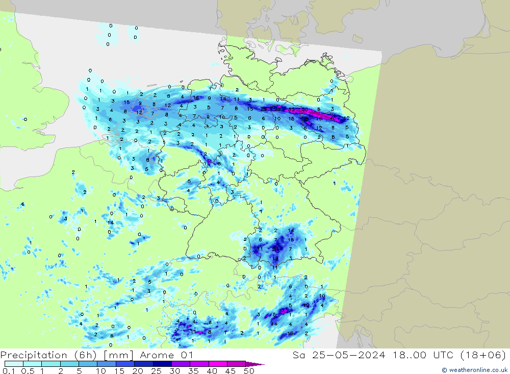 降水量 (6h) Arome 01 星期六 25.05.2024 00 UTC