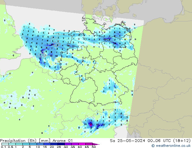 осадки (6h) Arome 01 сб 25.05.2024 06 UTC