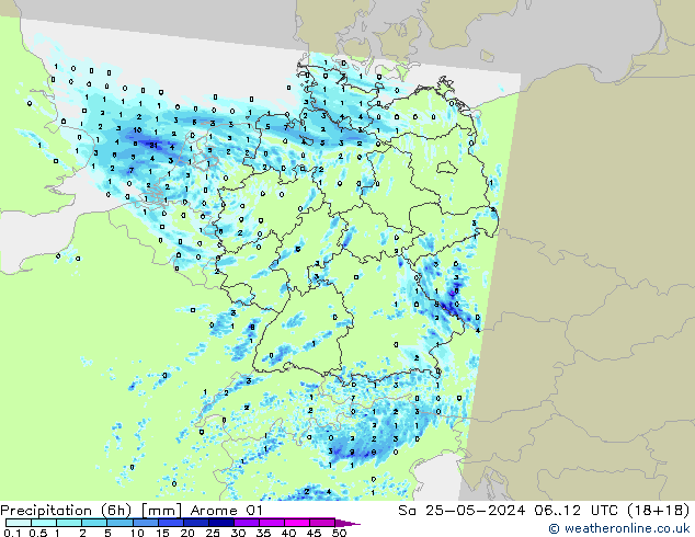 Totale neerslag (6h) Arome 01 za 25.05.2024 12 UTC