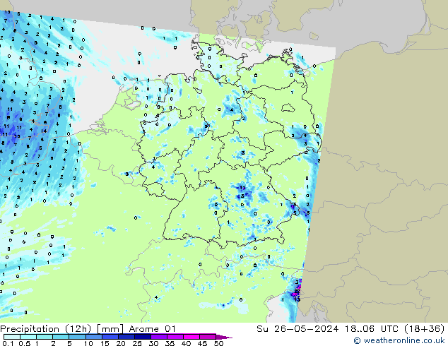 Precipitación (12h) Arome 01 dom 26.05.2024 06 UTC