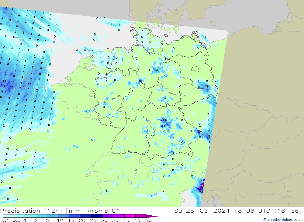 Precipitação (12h) Arome 01 Dom 26.05.2024 06 UTC