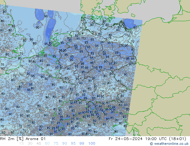 RH 2m Arome 01 星期五 24.05.2024 19 UTC