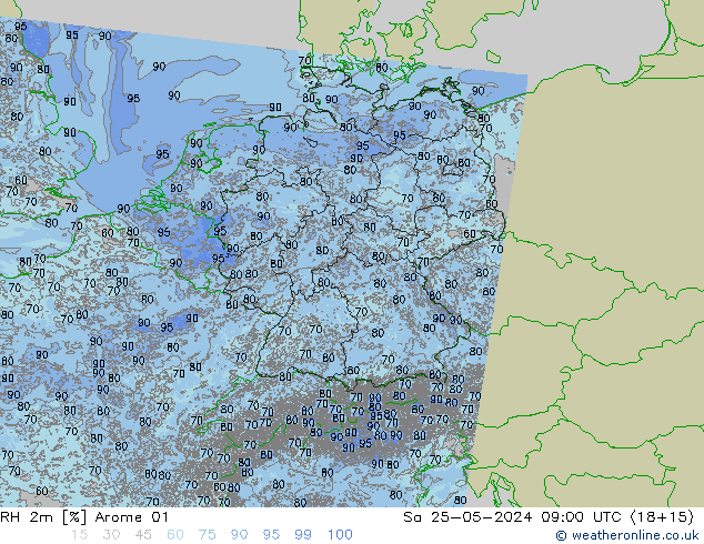 Humidité rel. 2m Arome 01 sam 25.05.2024 09 UTC