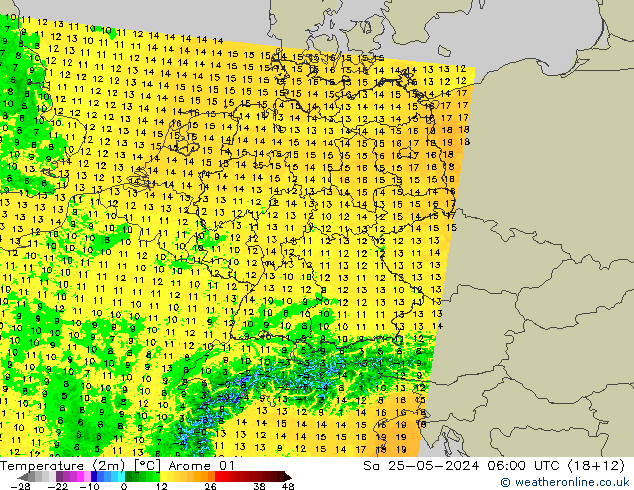 Temperatura (2m) Arome 01 sab 25.05.2024 06 UTC