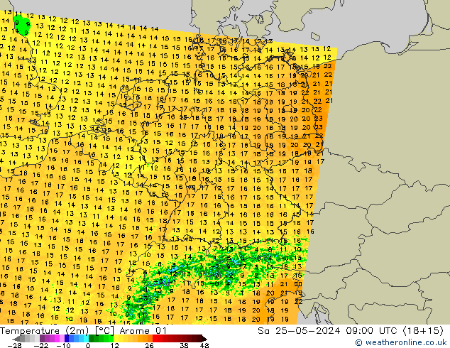 Temperatuurkaart (2m) Arome 01 za 25.05.2024 09 UTC