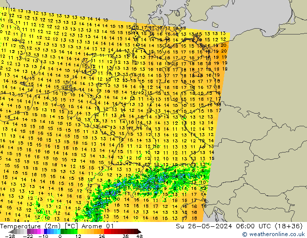 Temperature (2m) Arome 01 Su 26.05.2024 06 UTC