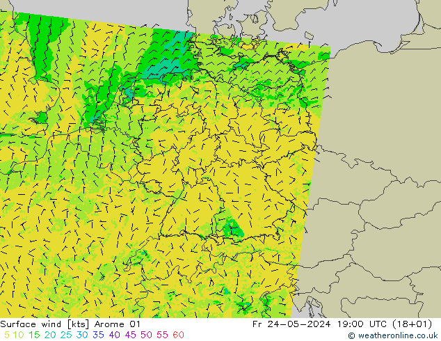 Viento 10 m Arome 01 vie 24.05.2024 19 UTC