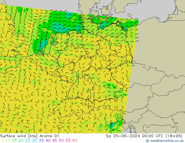 wiatr 10 m Arome 01 so. 25.05.2024 00 UTC