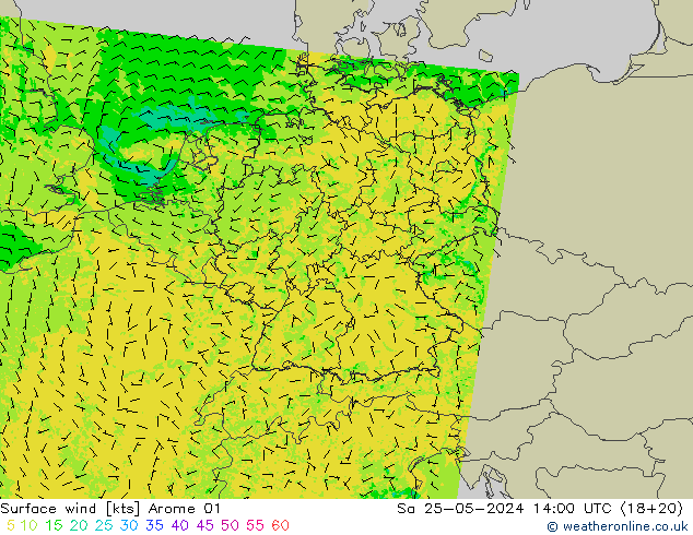 Vento 10 m Arome 01 sab 25.05.2024 14 UTC