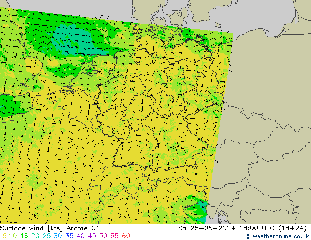 Vento 10 m Arome 01 sab 25.05.2024 18 UTC