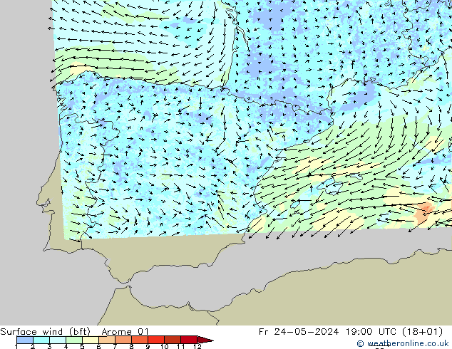 Viento 10 m (bft) Arome 01 vie 24.05.2024 19 UTC