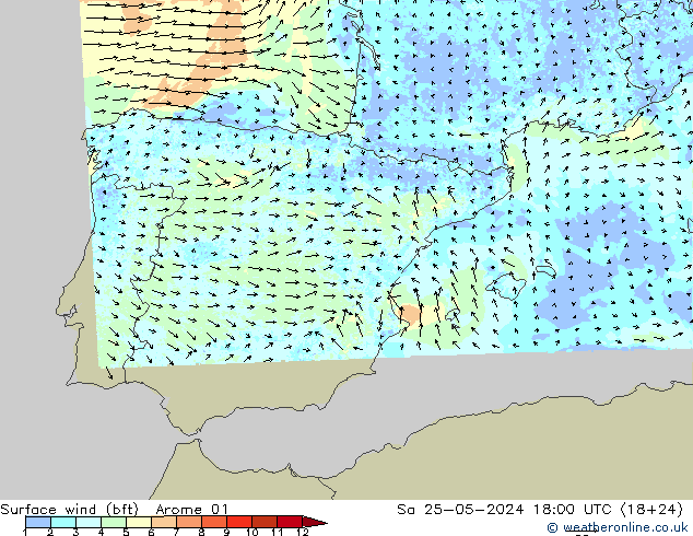 Surface wind (bft) Arome 01 Sa 25.05.2024 18 UTC