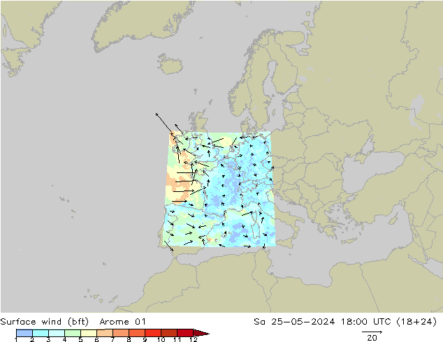 wiatr 10 m (bft) Arome 01 so. 25.05.2024 18 UTC