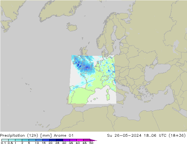 Precipitação (12h) Arome 01 Dom 26.05.2024 06 UTC