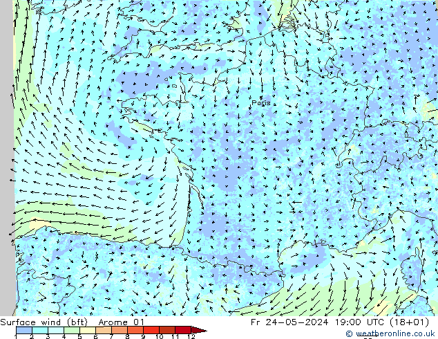 wiatr 10 m (bft) Arome 01 pt. 24.05.2024 19 UTC
