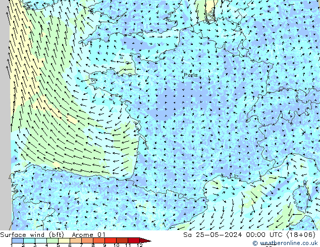 Bodenwind (bft) Arome 01 Sa 25.05.2024 00 UTC