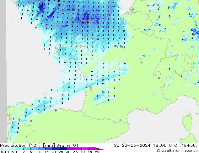 осадки (12h) Arome 01 Вс 26.05.2024 06 UTC