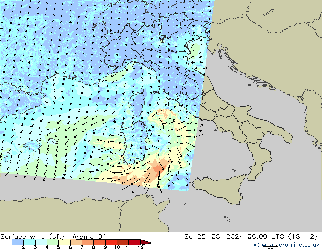 Surface wind (bft) Arome 01 Sa 25.05.2024 06 UTC