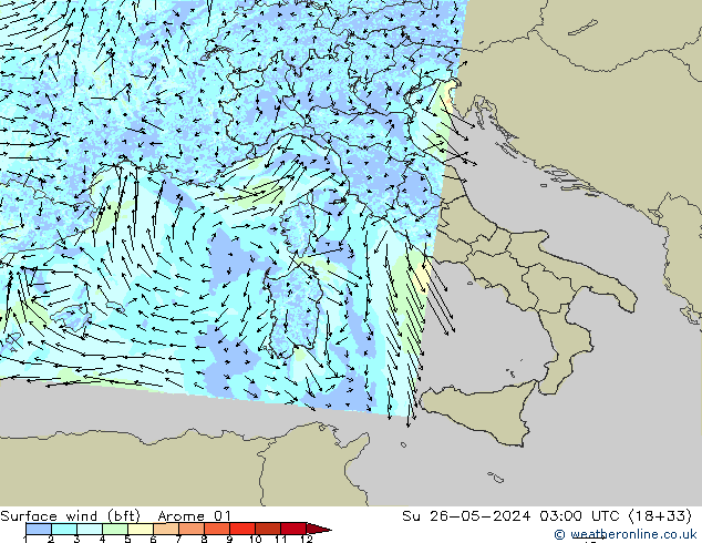 wiatr 10 m (bft) Arome 01 nie. 26.05.2024 03 UTC