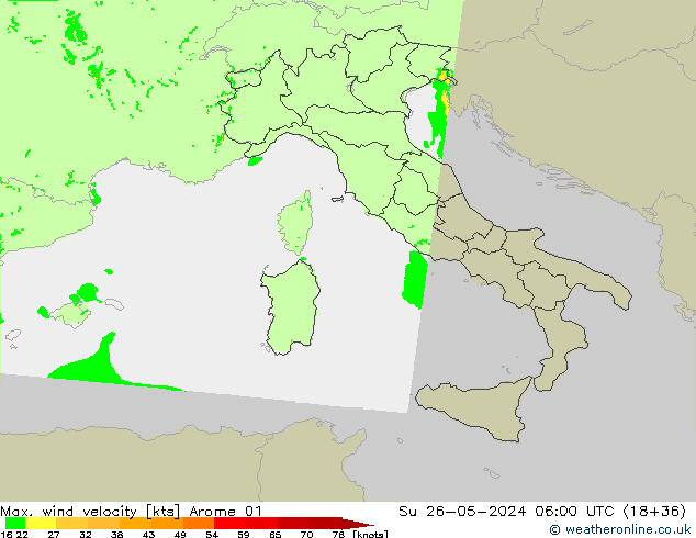 Max. wind snelheid Arome 01 zo 26.05.2024 06 UTC