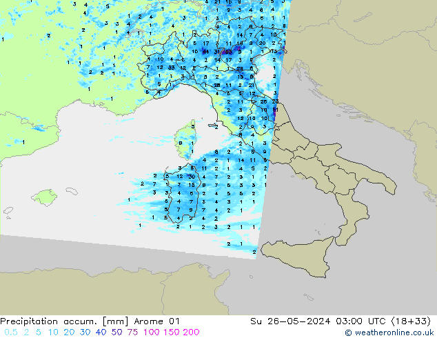 Precipitation accum. Arome 01  26.05.2024 03 UTC