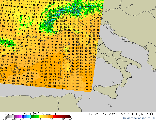 Temperature (2m) Arome 01 Fr 24.05.2024 19 UTC