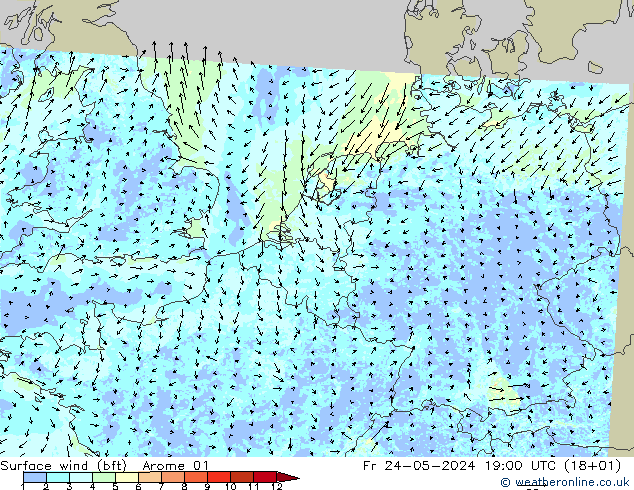 Viento 10 m (bft) Arome 01 vie 24.05.2024 19 UTC