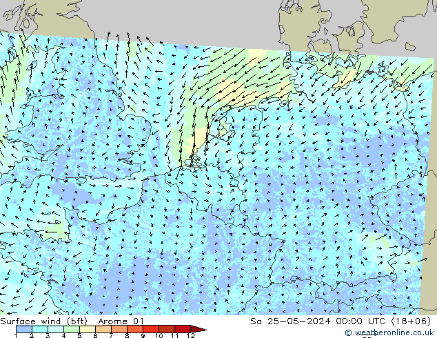 Bodenwind (bft) Arome 01 Sa 25.05.2024 00 UTC